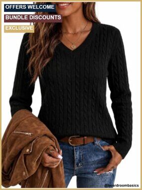 Cable Knit V Neck Pullover Sweater Fitted Long Sleeve Cotton